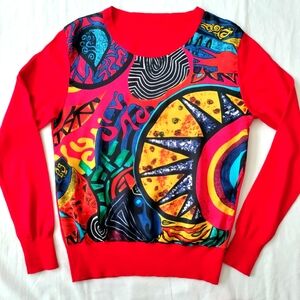 Wool Blend and Shell Sweater Admire Yourself Size S Red Abstract Print